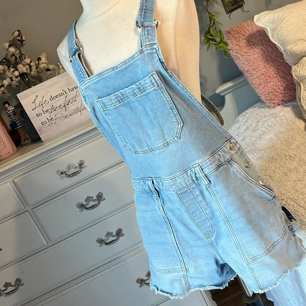 Light Blue Denim Overall Shorts